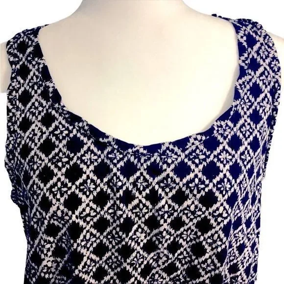 Ann Taylor Loft Navy 100% Cotton Argyle‎ Crochet Accent Tank Top  SZ L EUC - Picture 4 of 12